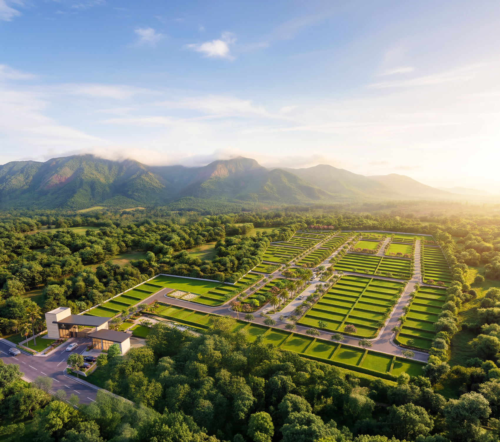 Aerial view of the Western Springs plotted community below the Western Ghats