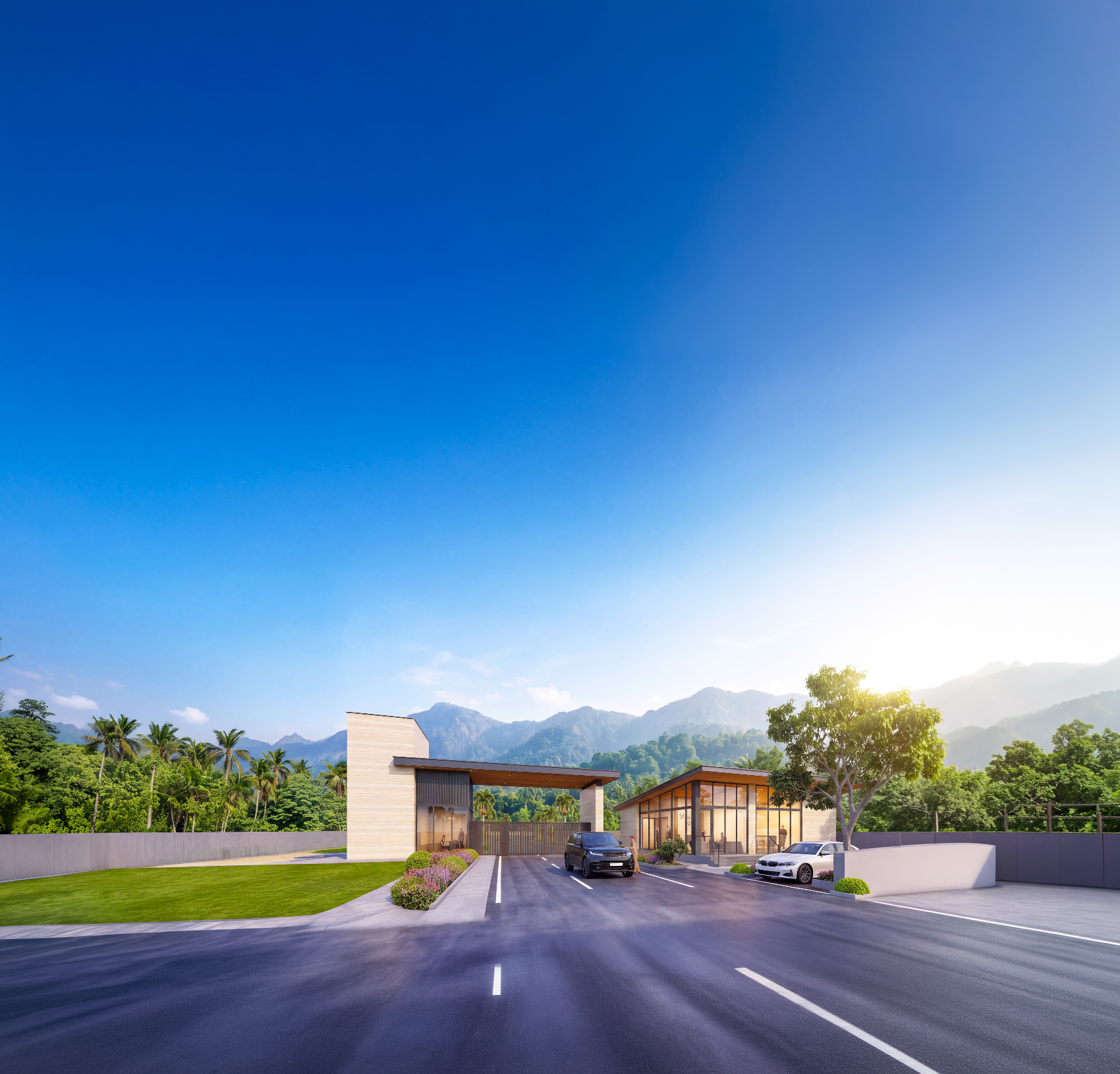 Western Springs entrance arch with the Western Ghats beyond