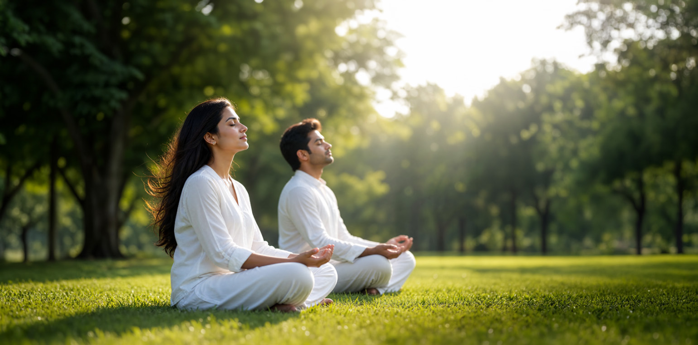 Residents at the yoga and meditation lawn in early morning light